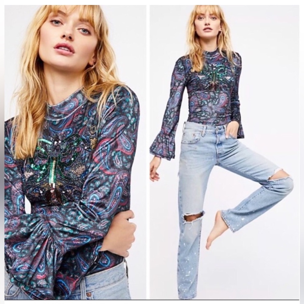 We the Free velvet paisley print long bell sleeve top
